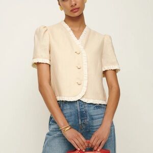 Reformation Bess Linen Top- Cream Puff Sleeve Blouse with Notched Collar